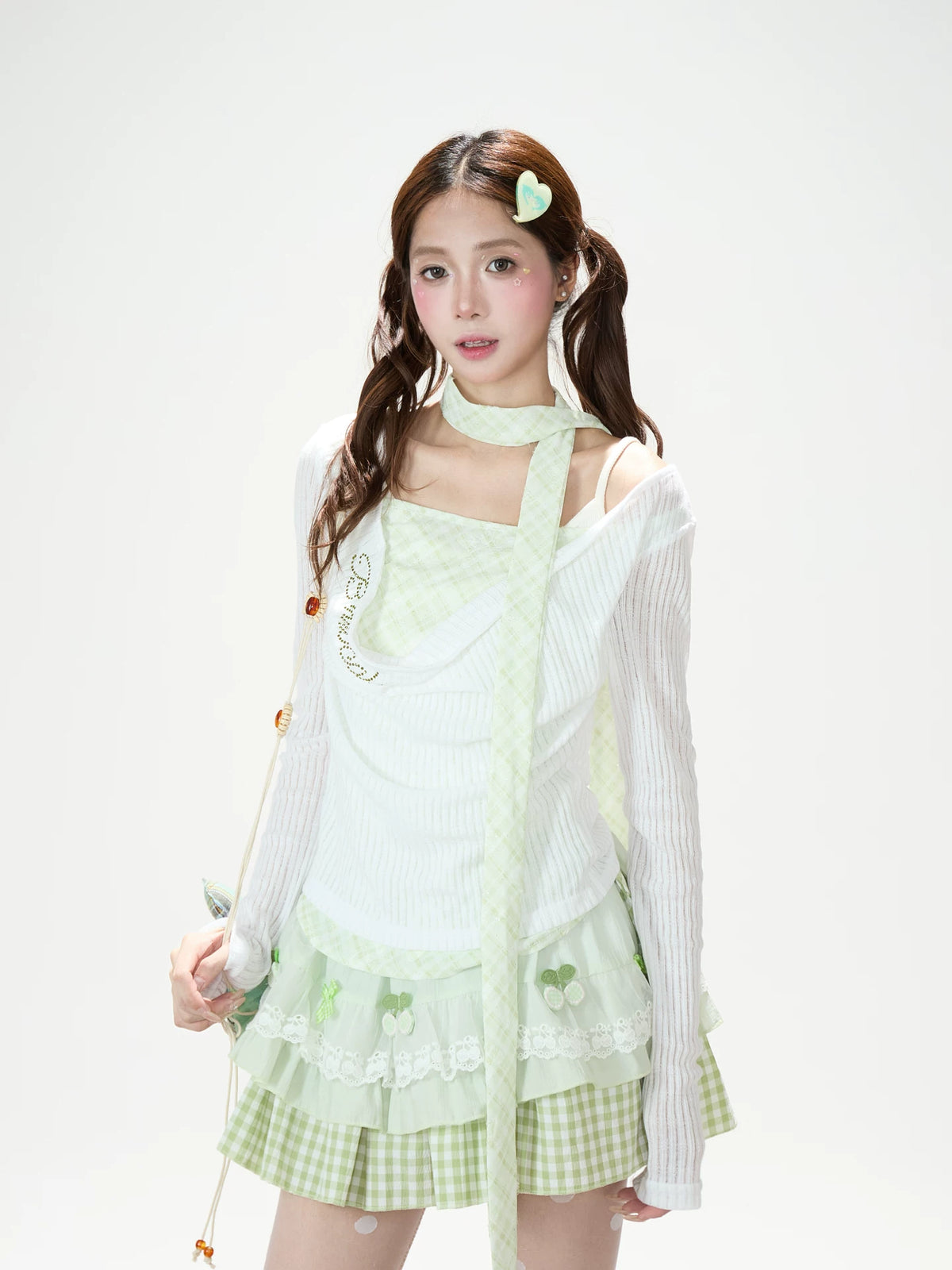 Mint Gingham Layered Knit Long Sleeve Top & Cherry Ruffle Mini Skirt
