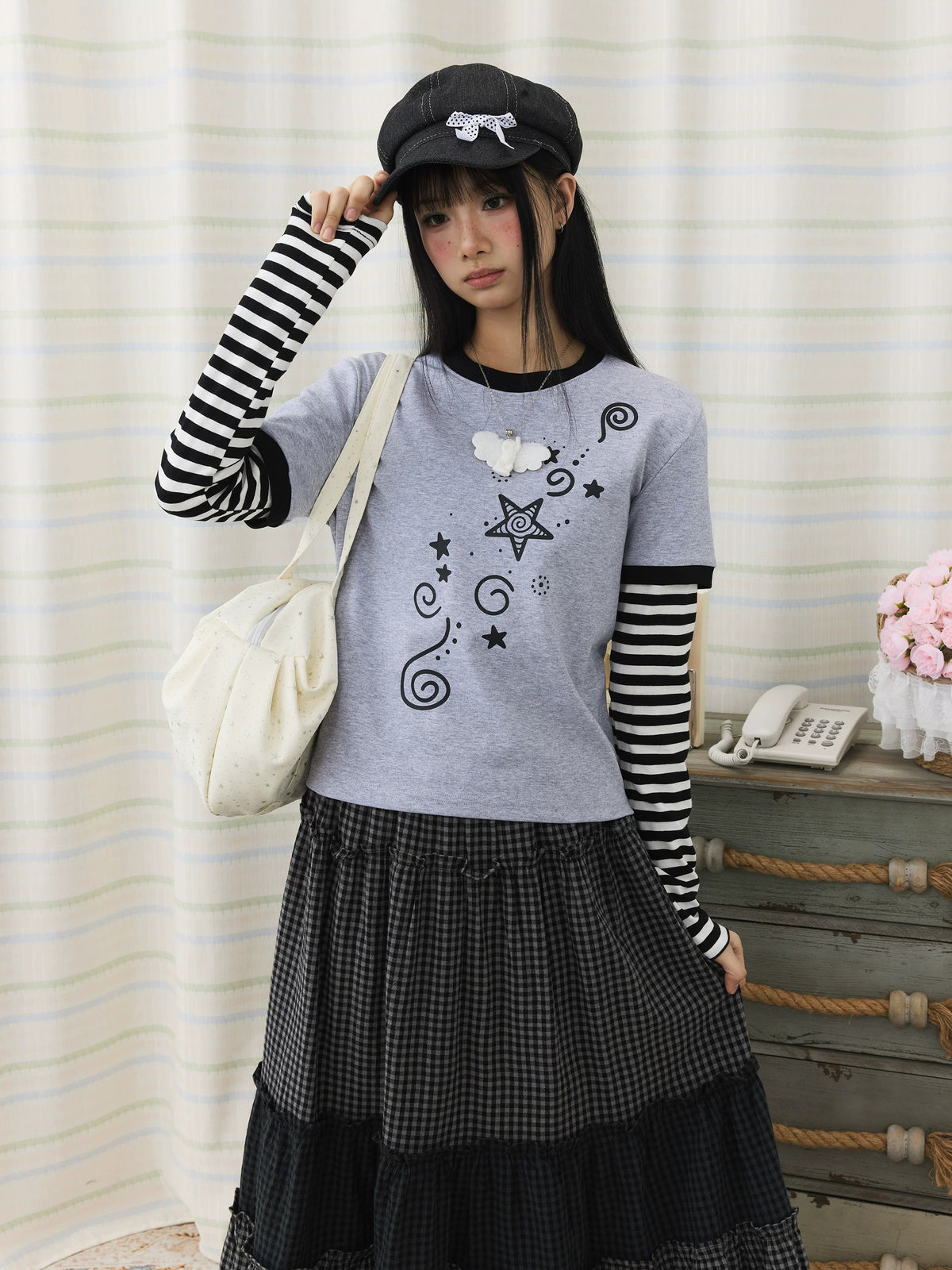 Star Swirl Striped Faux-Layer Long Sleeve Top