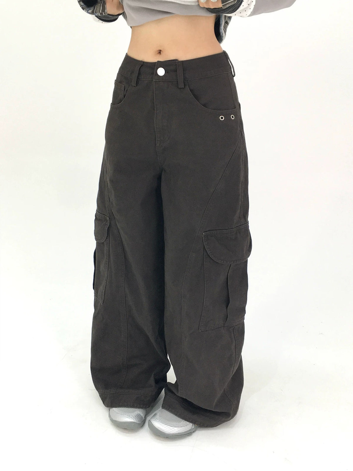 Washed Gray Tea Wide-Leg Cargo Pants
