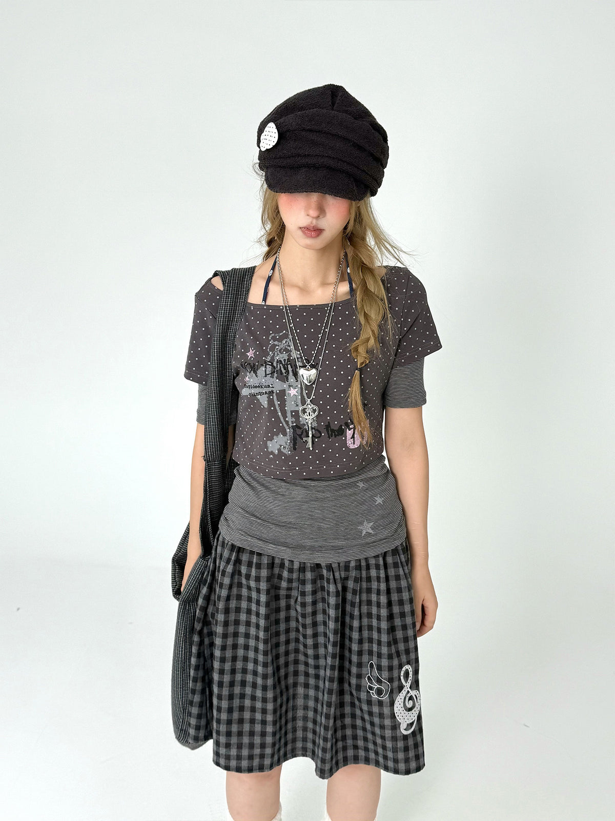 Pastel Anime Plaid Long Sleeve Top & Camo Lace-Trim Midi Skirt