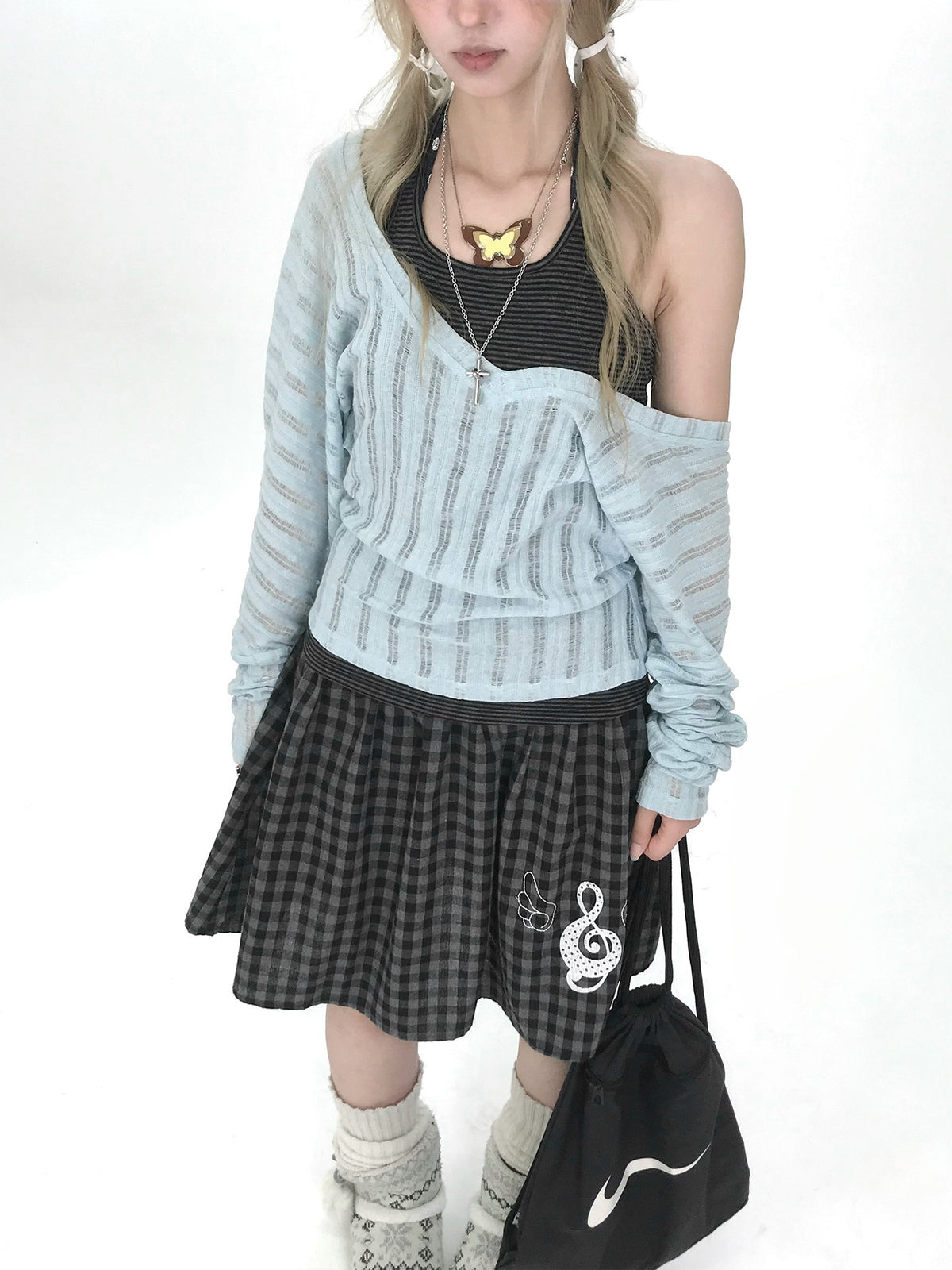 Icy Blue Striped Halter-Layered Long Sleeve Top