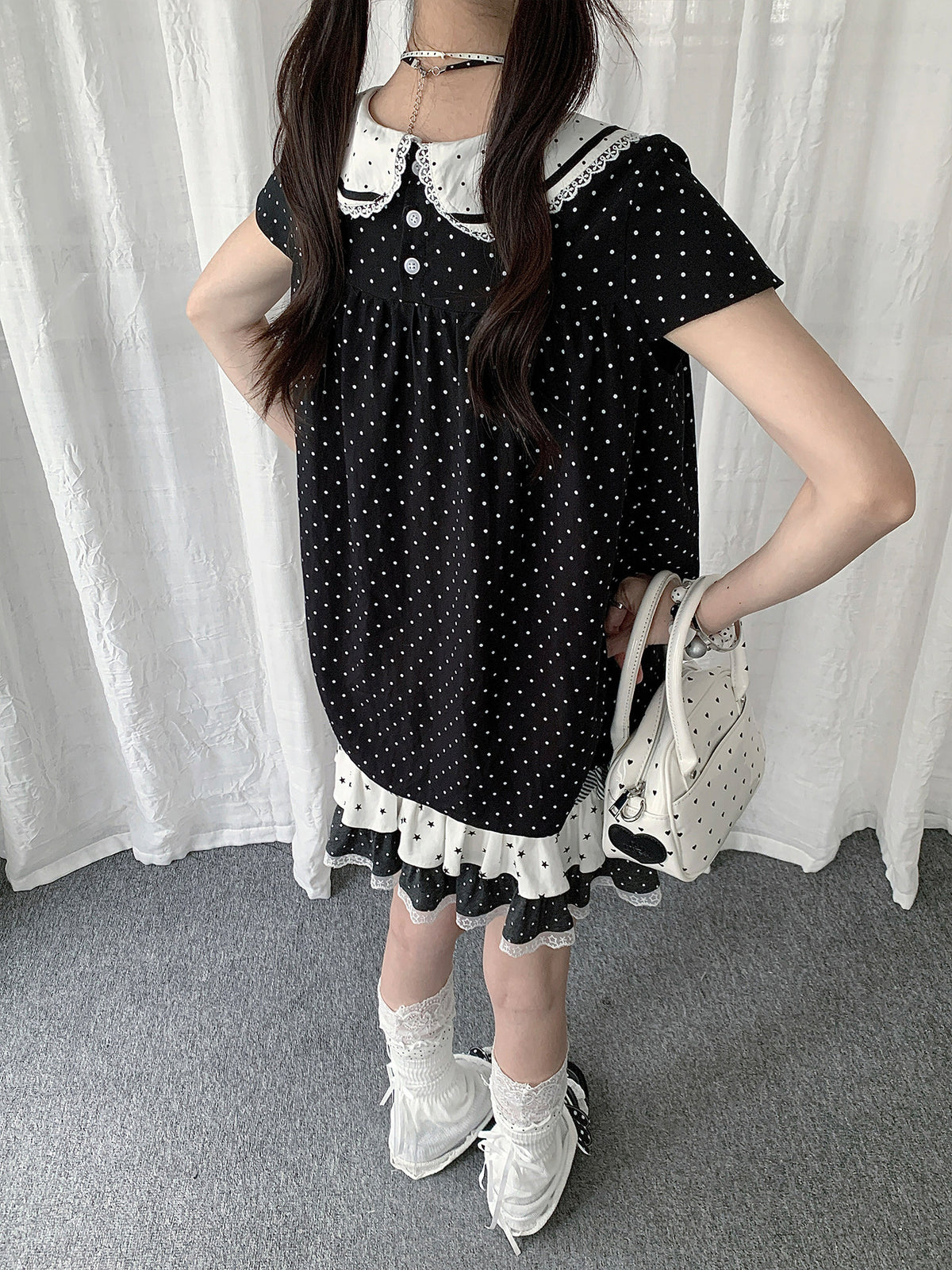Polka Dot Bow Peter Pan Collar Short Sleeve Top