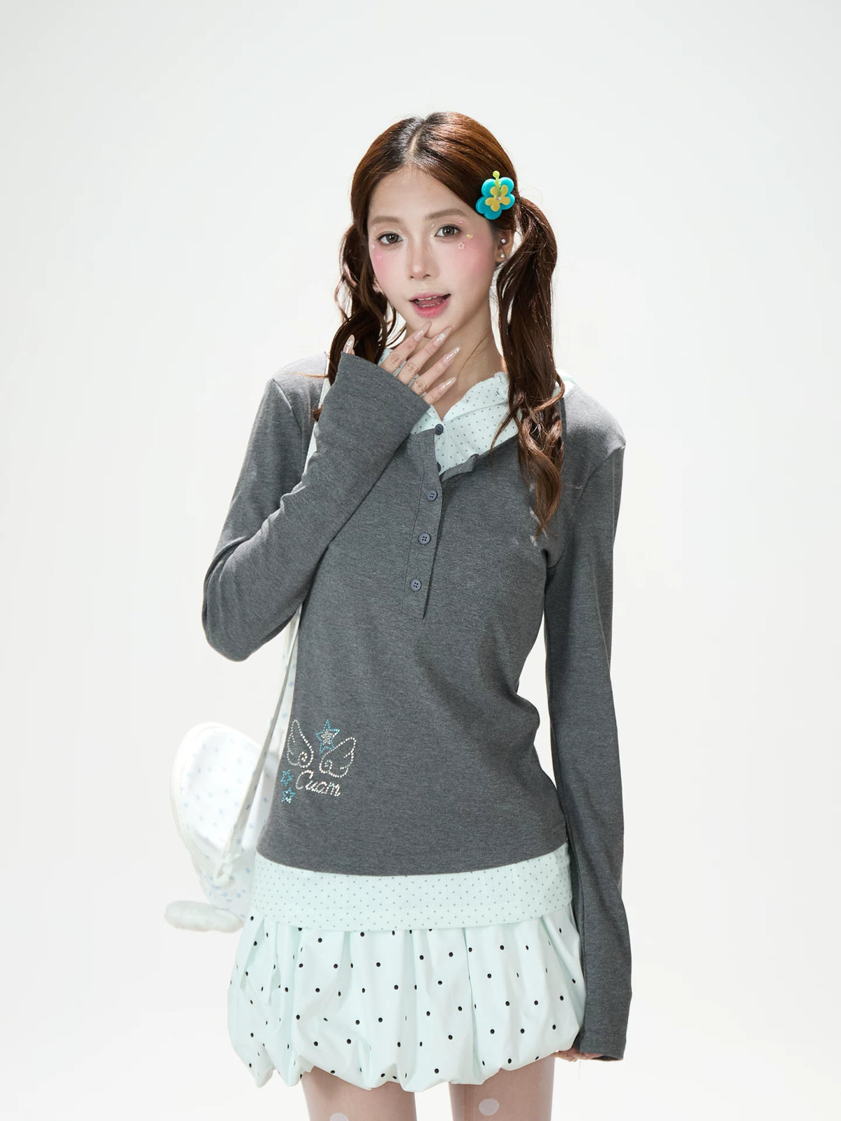 Polka Dot Layered Hooded Long Sleeve Top & Lace-Trim Bubble Mini Skirt
