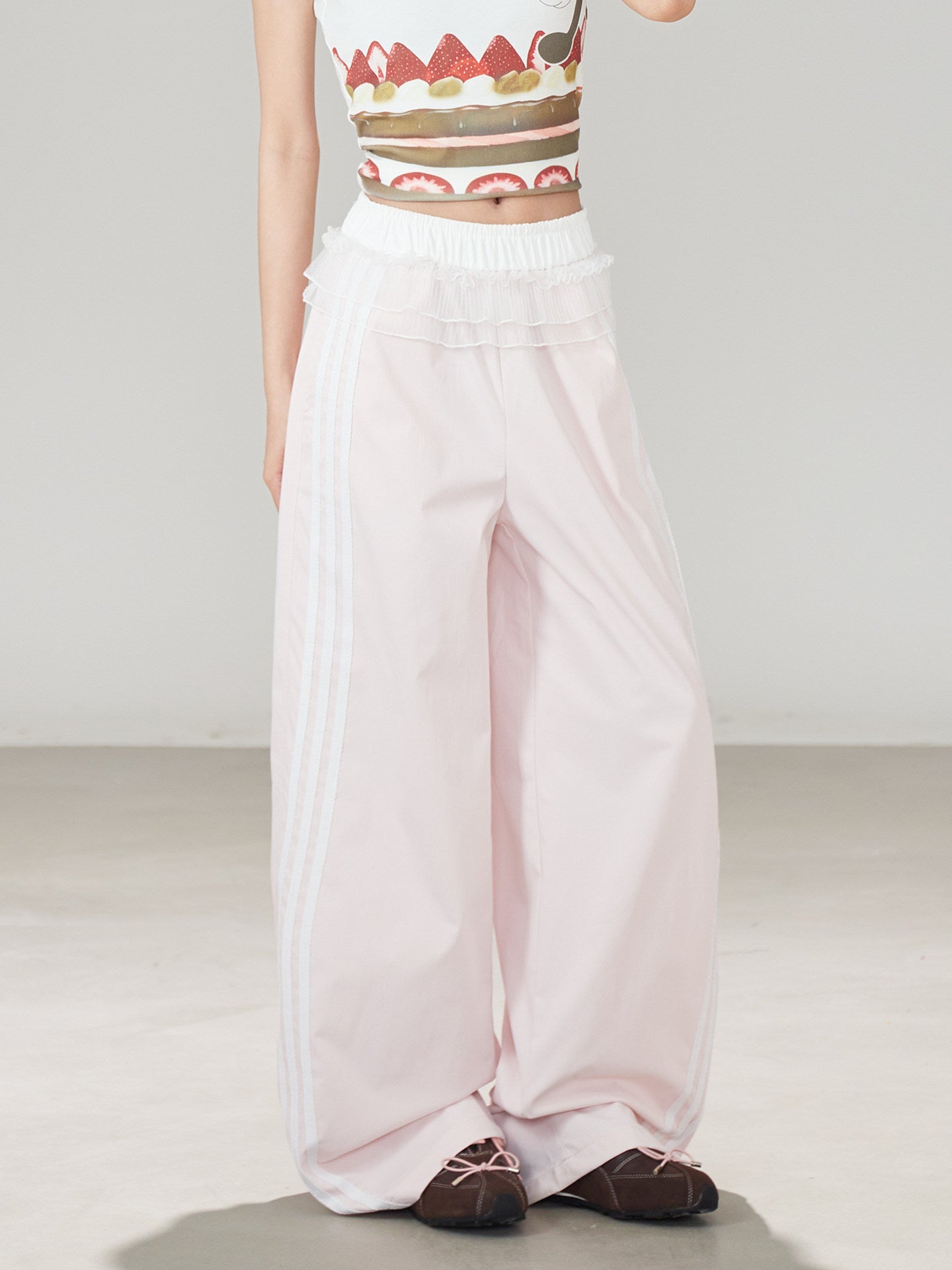 Ruffle Waist Side Stripe Wide-Leg Pants