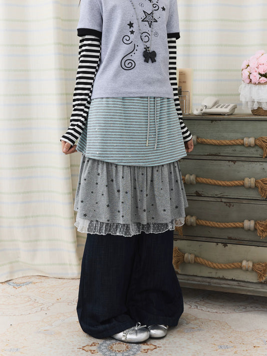 Star Stripe Layered Skirt Wide-Leg Pants