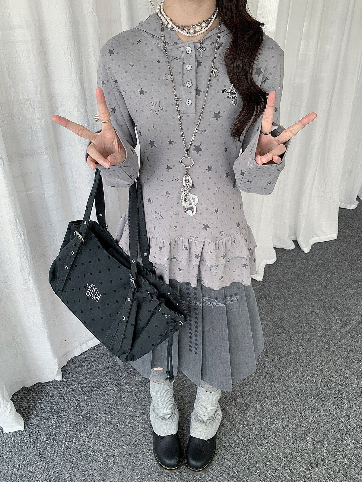 Star Print Ruffle-Hem Hooded Long Sleeve Top