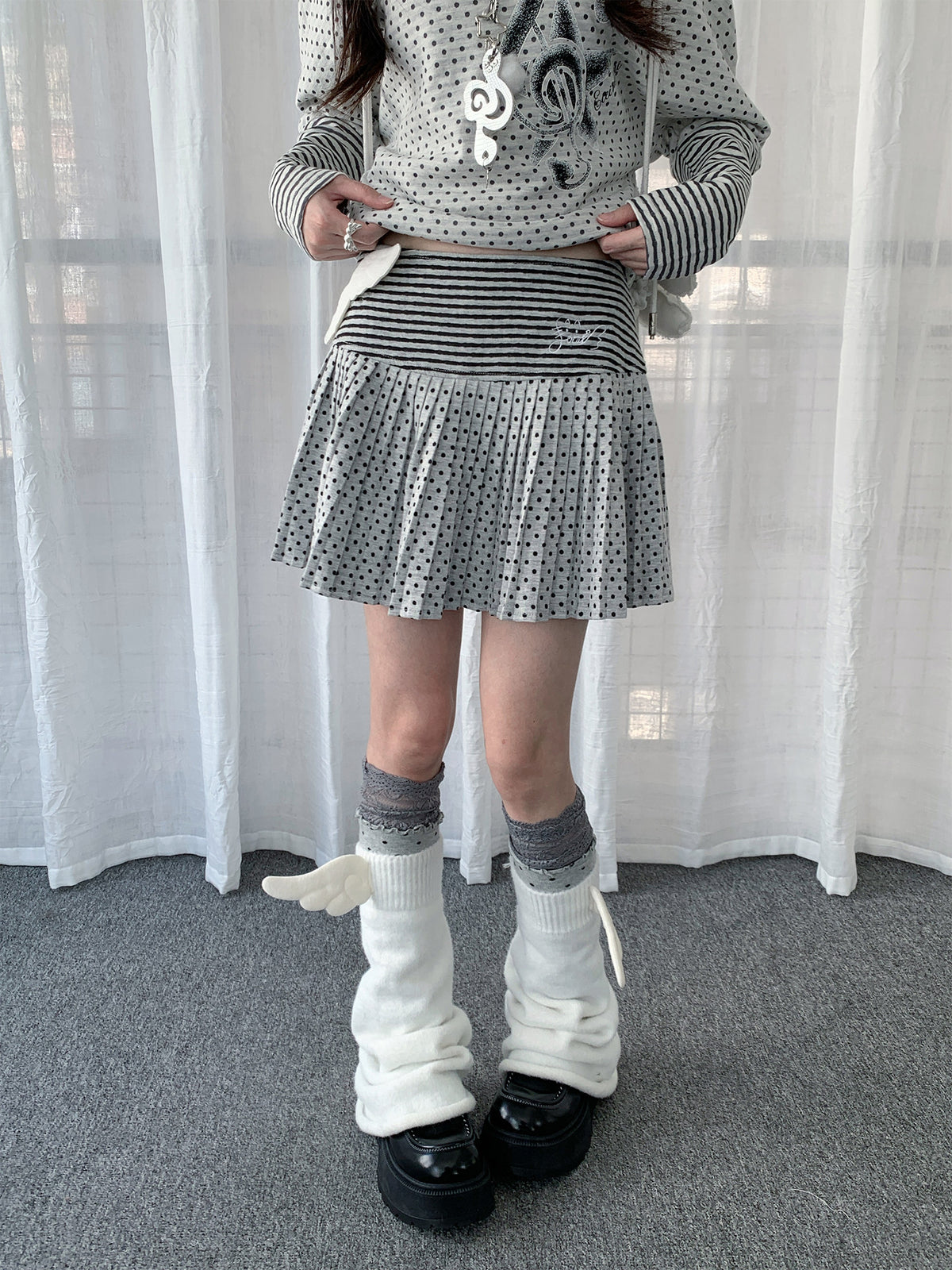 Polka Dot Stripe Pleated Mini Skirt
