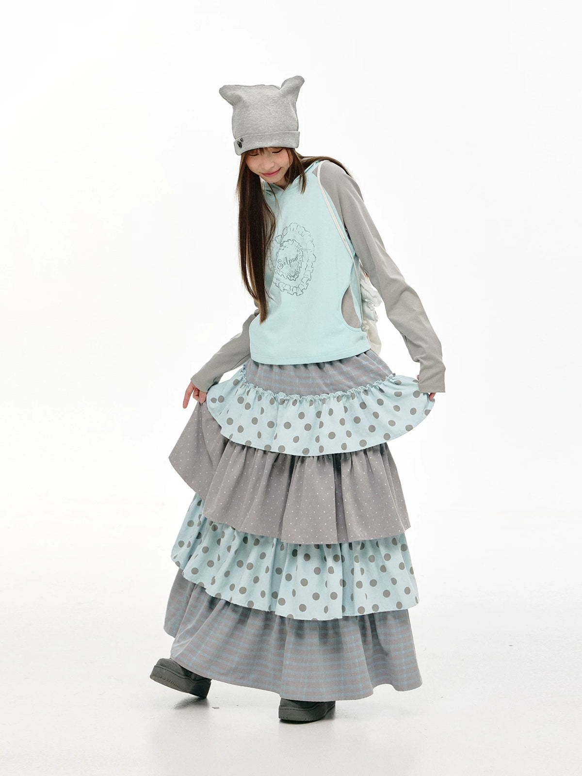 Gray-Blue Polka Dot Tiered Maxi Skirt