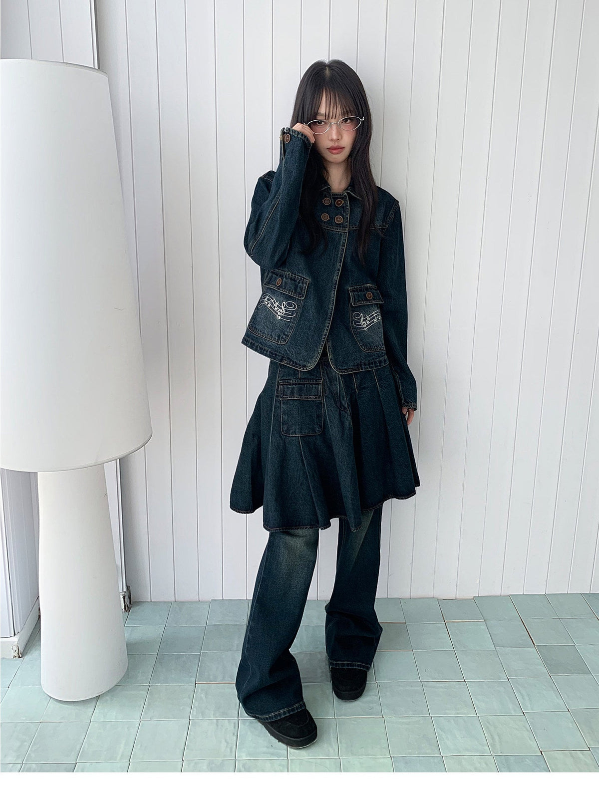 Washed Denim Utility Pleated Skirt