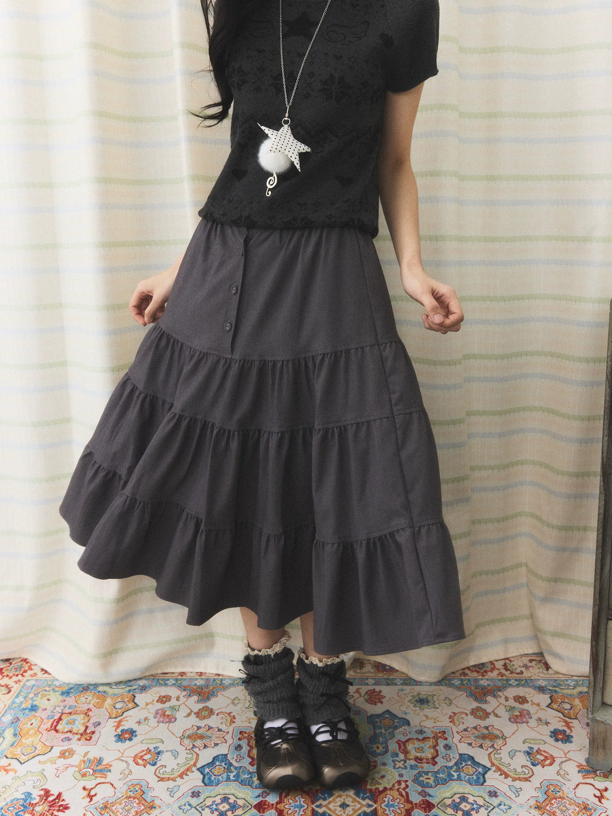 Charcoal Tiered Button Midi Skirt