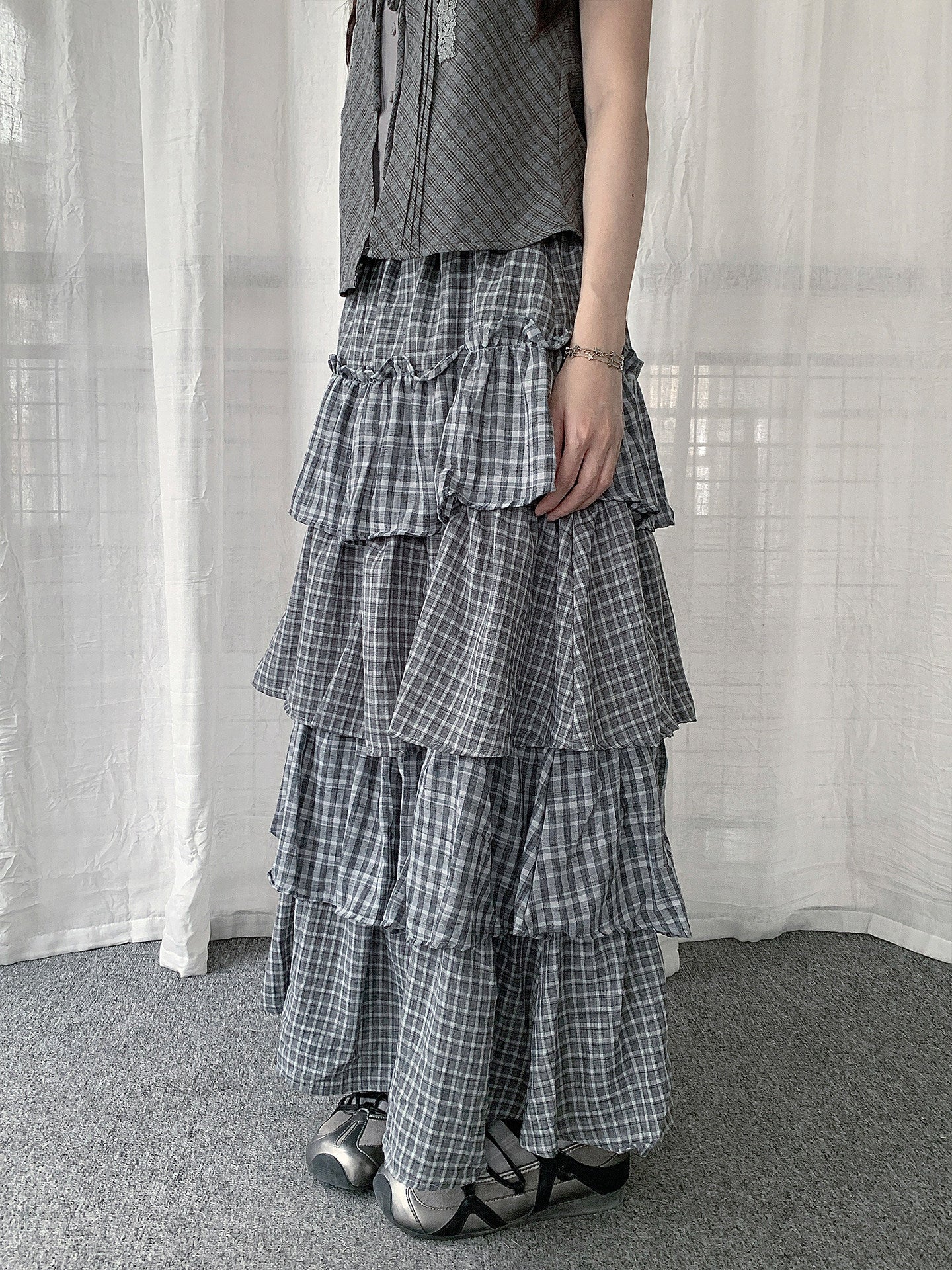Plaid Patchwork Tiered Maxi Skirt