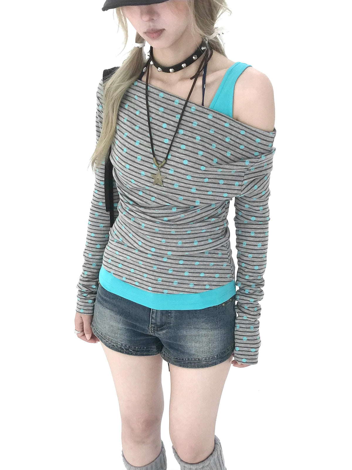 Polka Dot Asymmetric Layered Long Sleeve Top