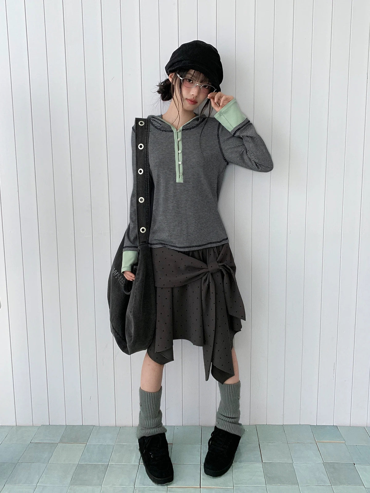 Blue-Gray Stripe Contrast Hooded Long Sleeve Top
