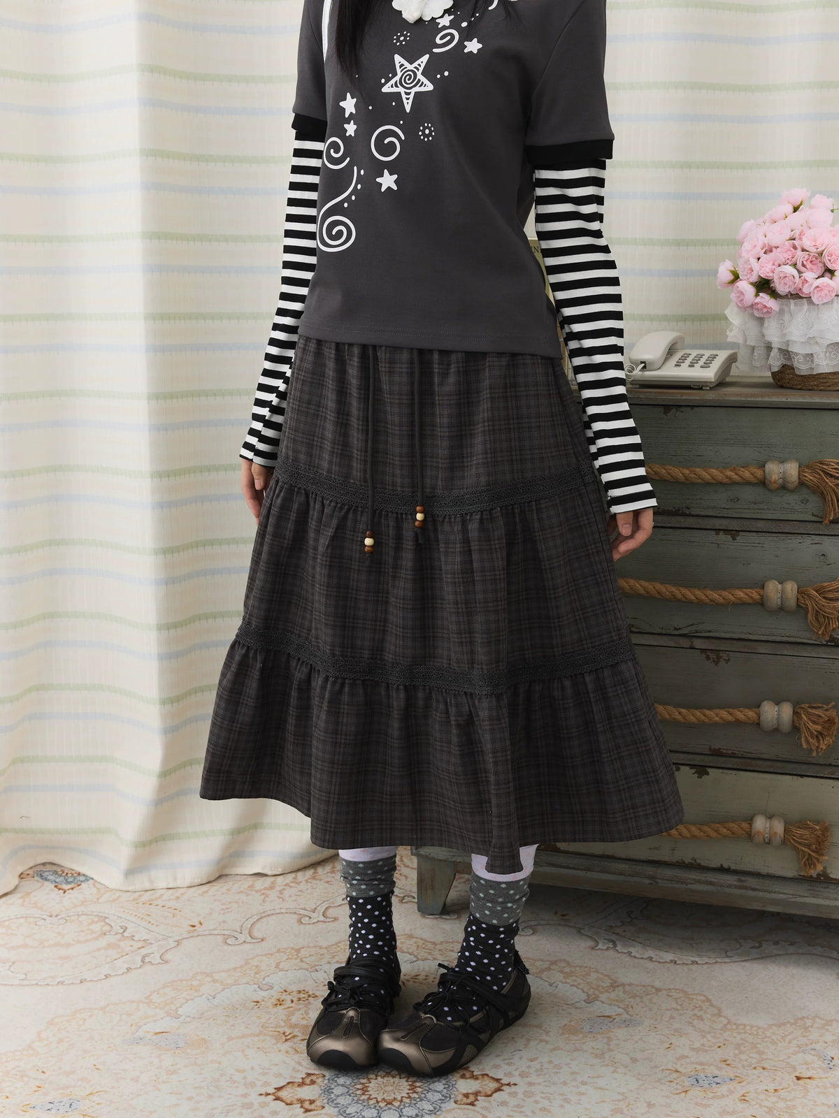 Plaid Tiered Lace Trim Midi Skirt