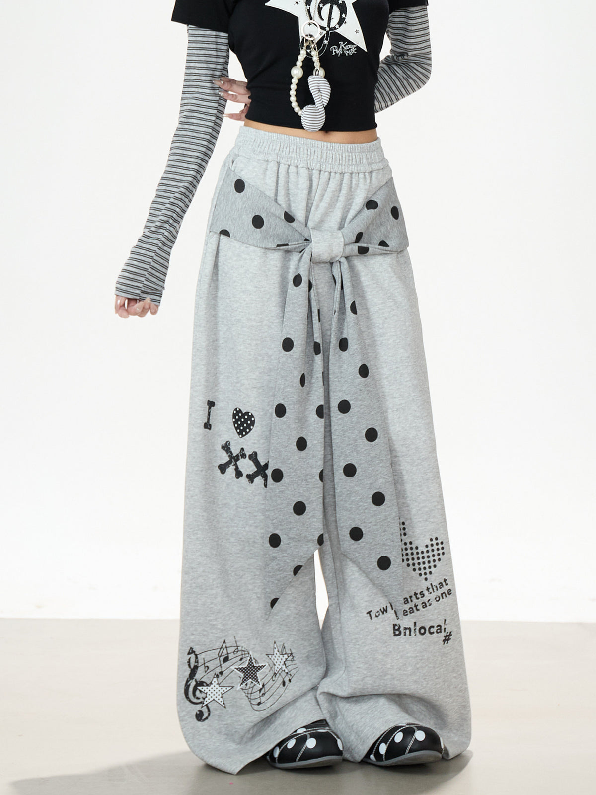 Music Note Star Tie-Waist Wide-Leg Sweatpants