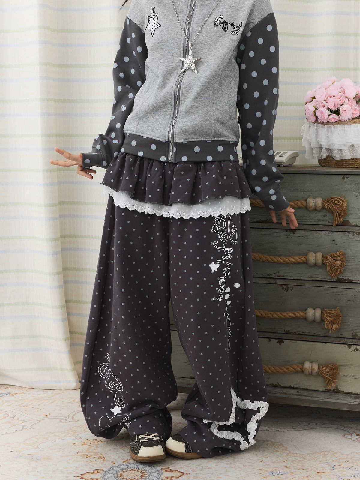 Polka Dot Lace Ruffle-Layer Wide-Leg Pants