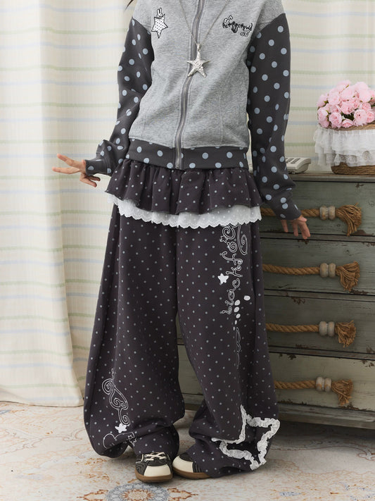 Polka Dot Lace Ruffle-Layer Wide-Leg Pants
