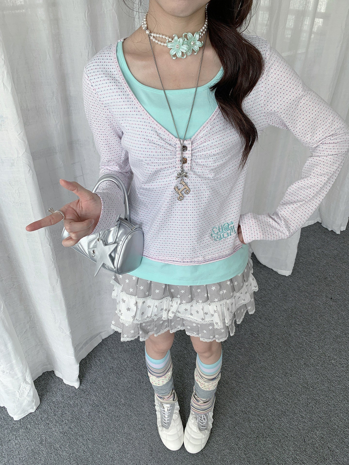 Mint Dot Ruched Faux-Layer Long-Sleeve Top