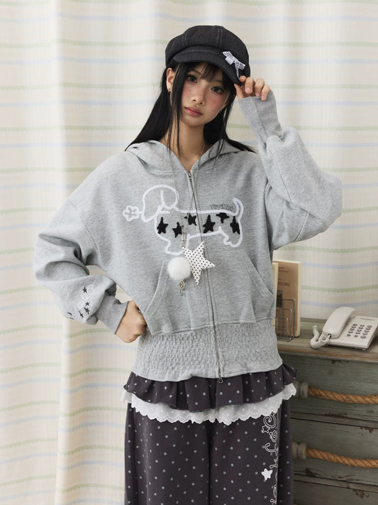 Star Puppy Smocked-Waist Zip-Up Hoodie