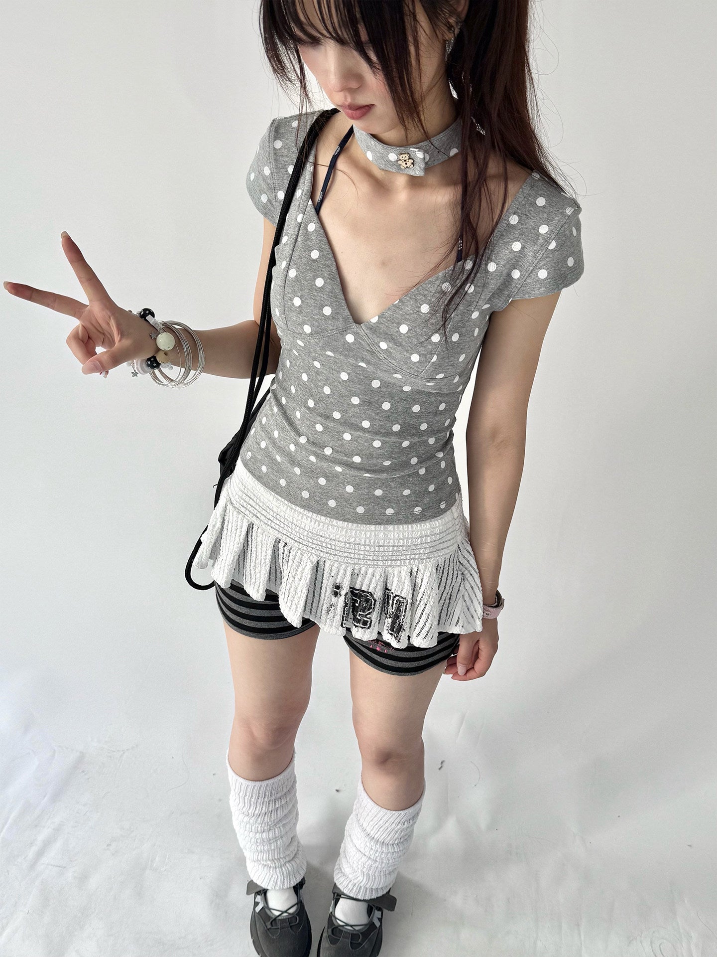 Mechanical Bear Polka Dot V-Neck Fitted Tee with Choker