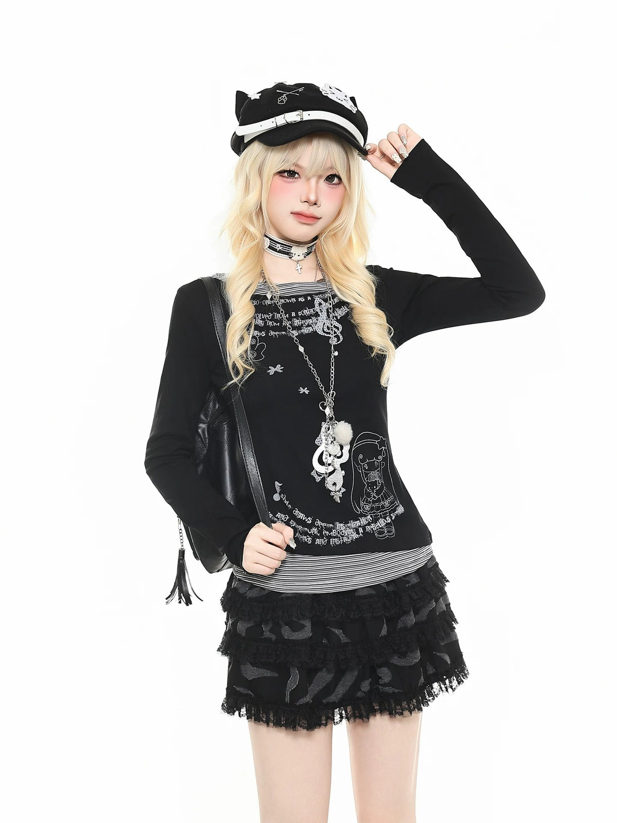 Cartoon Letter Stripe Layered Long Sleeve Top