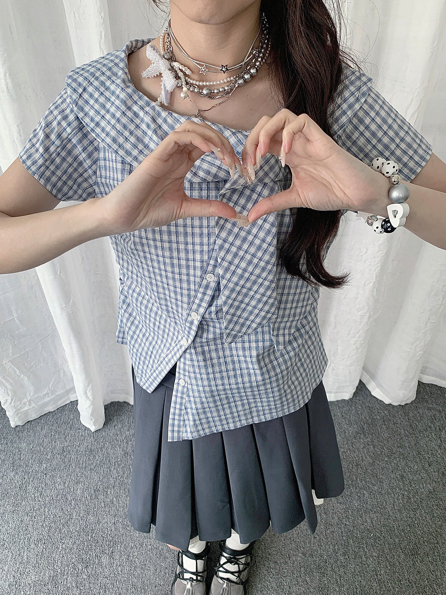 Blue Plaid Asymmetrical Collar Shirt
