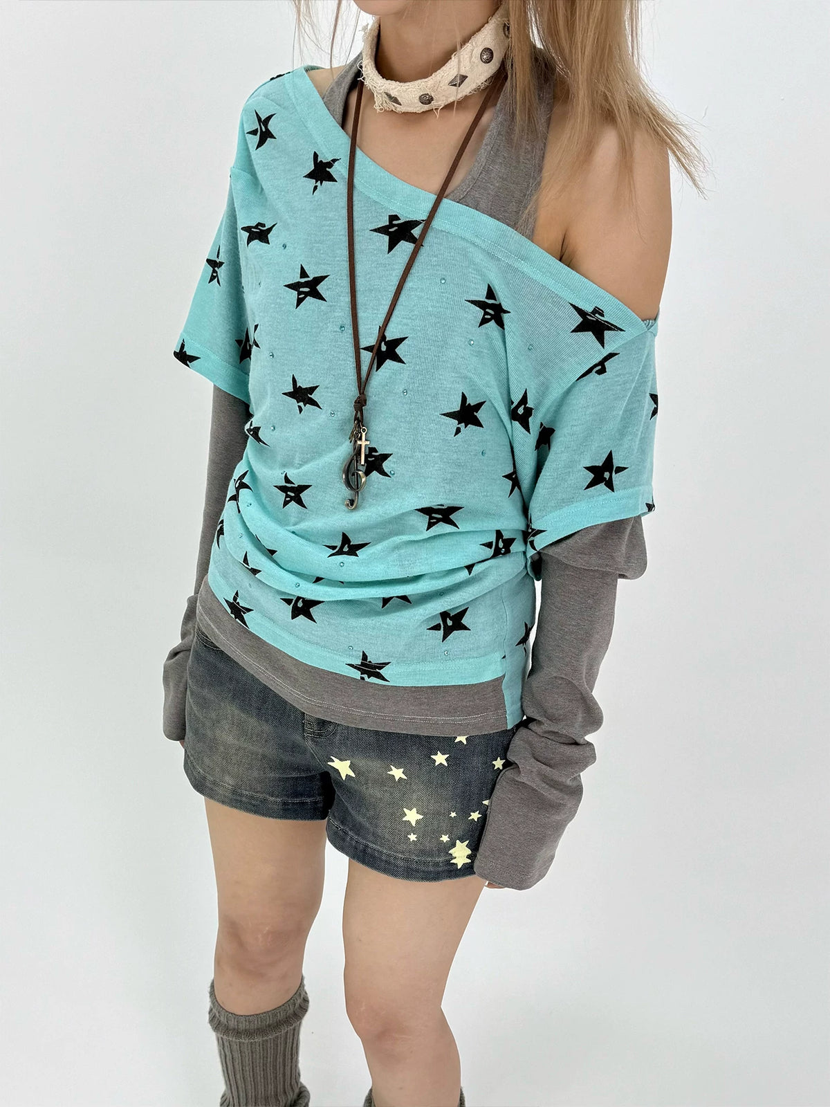 Star Print Washed Low-Rise Denim Shorts