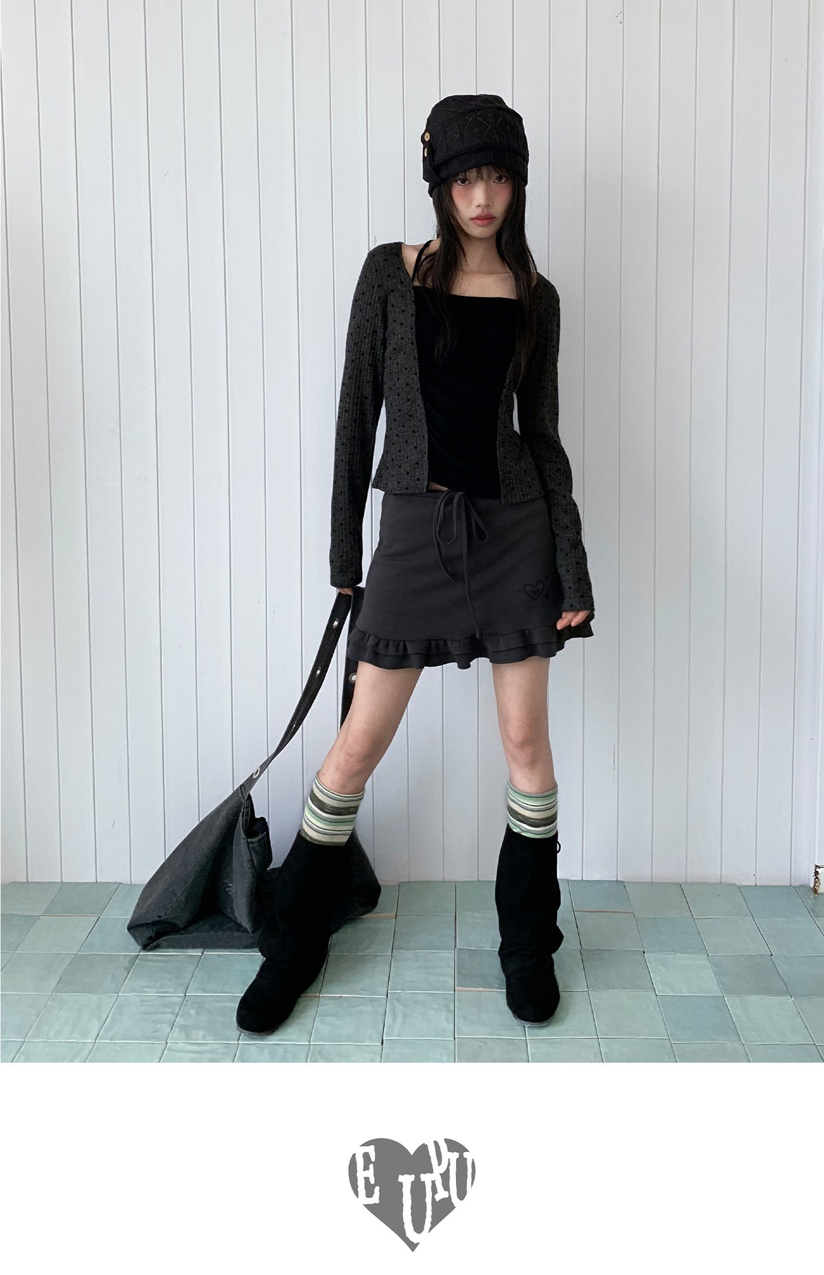 Heart Pulse Drawstring Ruffle Mini Skirt