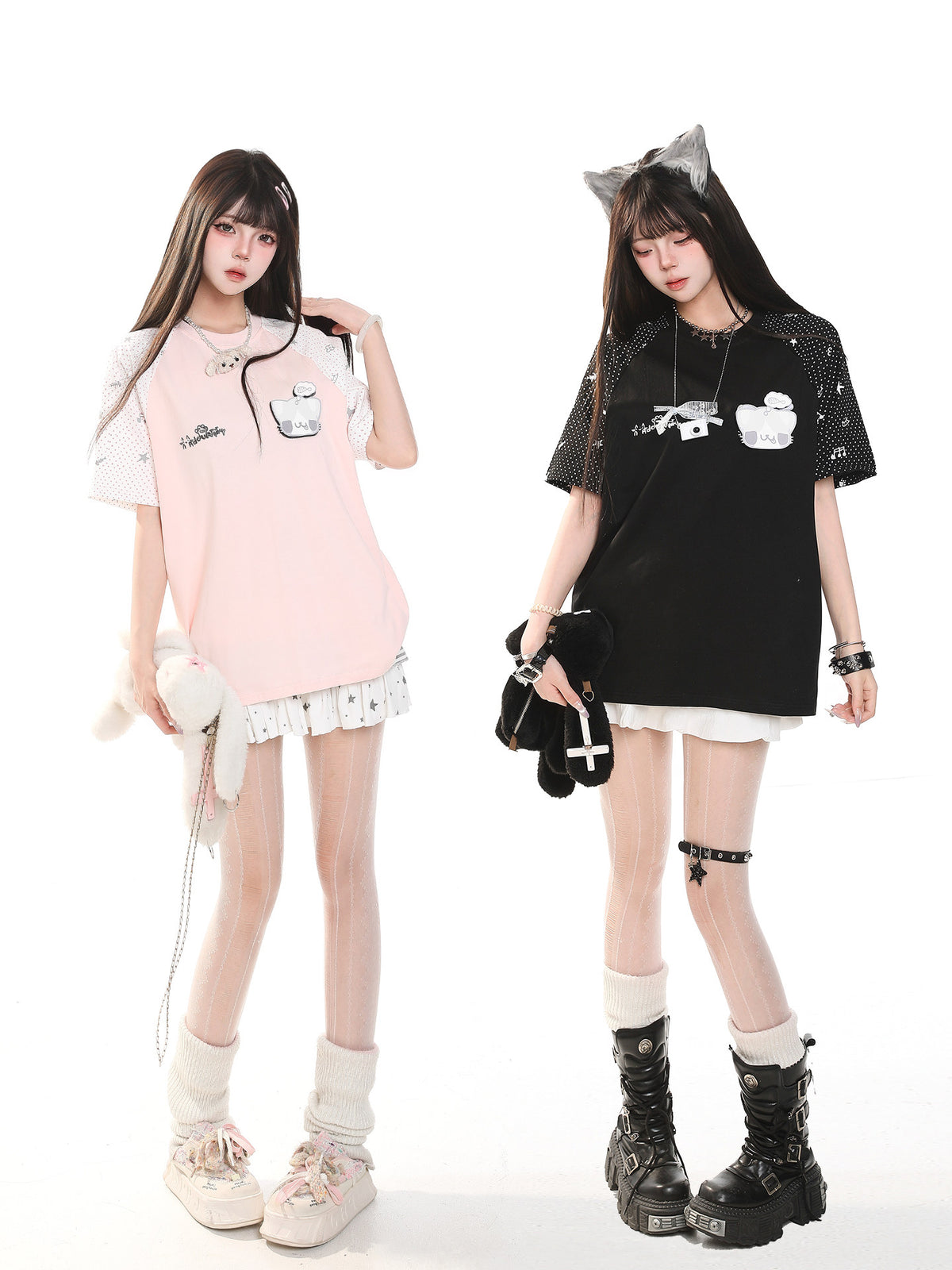 Embroidered Kitty Raglan Oversized Tee