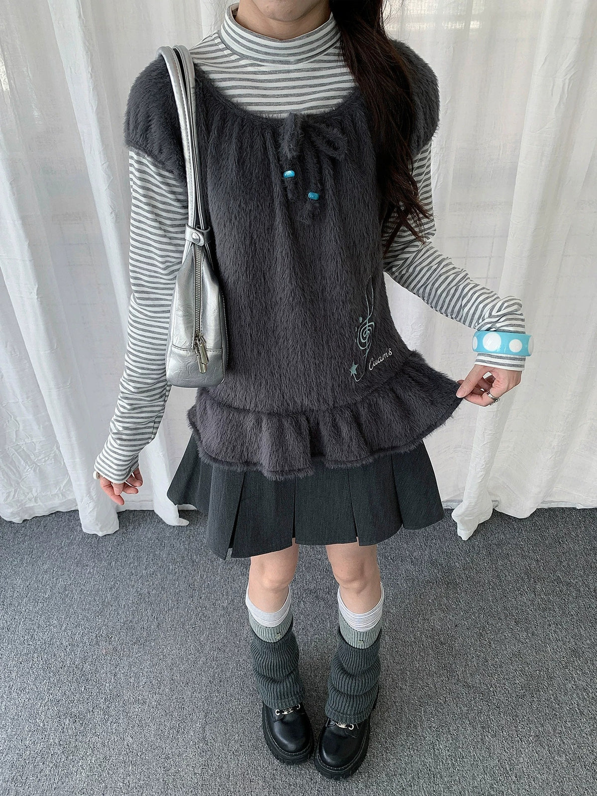 Fuzzy Ruffle Layered Two-Piece Long Sleeve Top Set