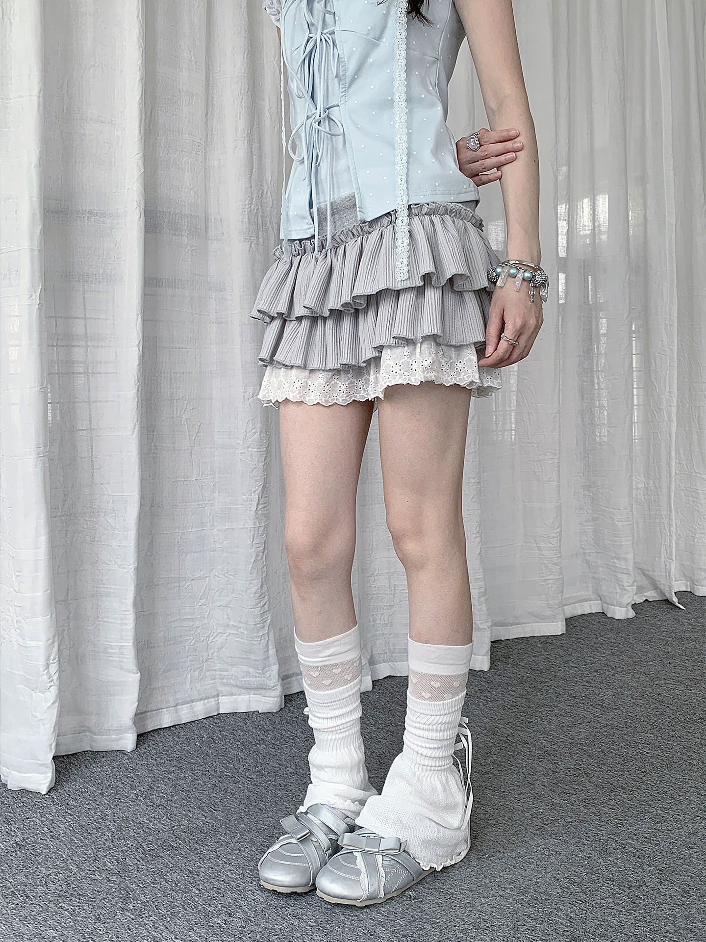 Silver-Gray Ballet Tiered Ruffle Lace Mini Skirt