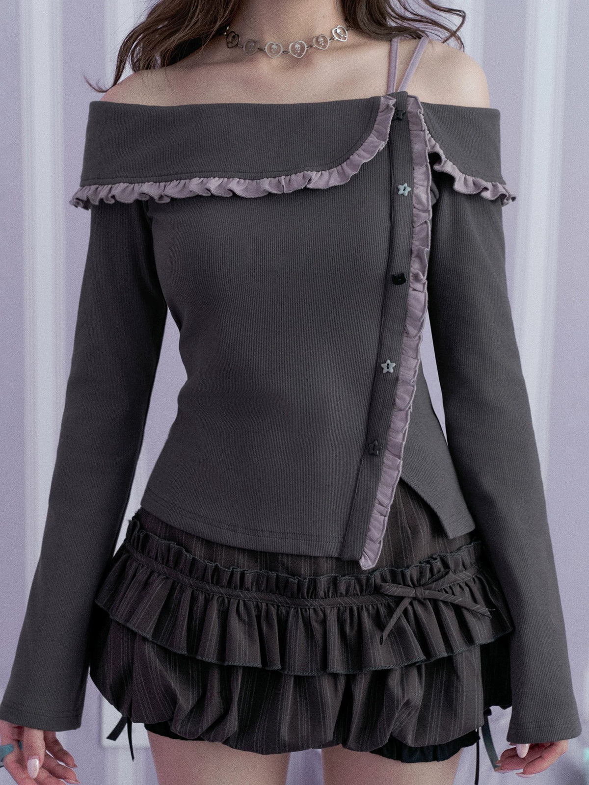 Ruffle-Trim Off-Shoulder Strap Long-Sleeve Top