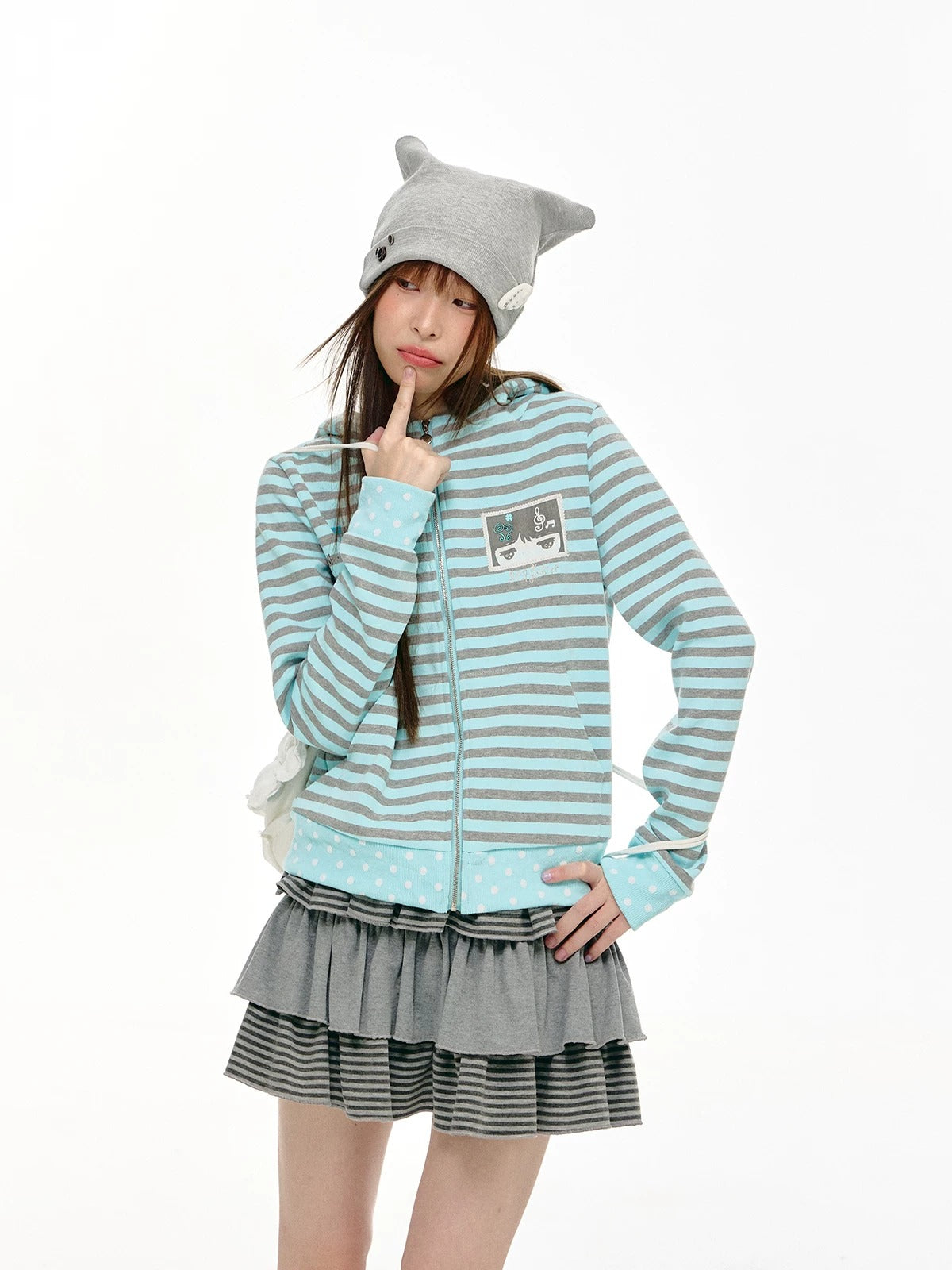 Mint & Gray Stripe Cat-Ear Zip Hoodie