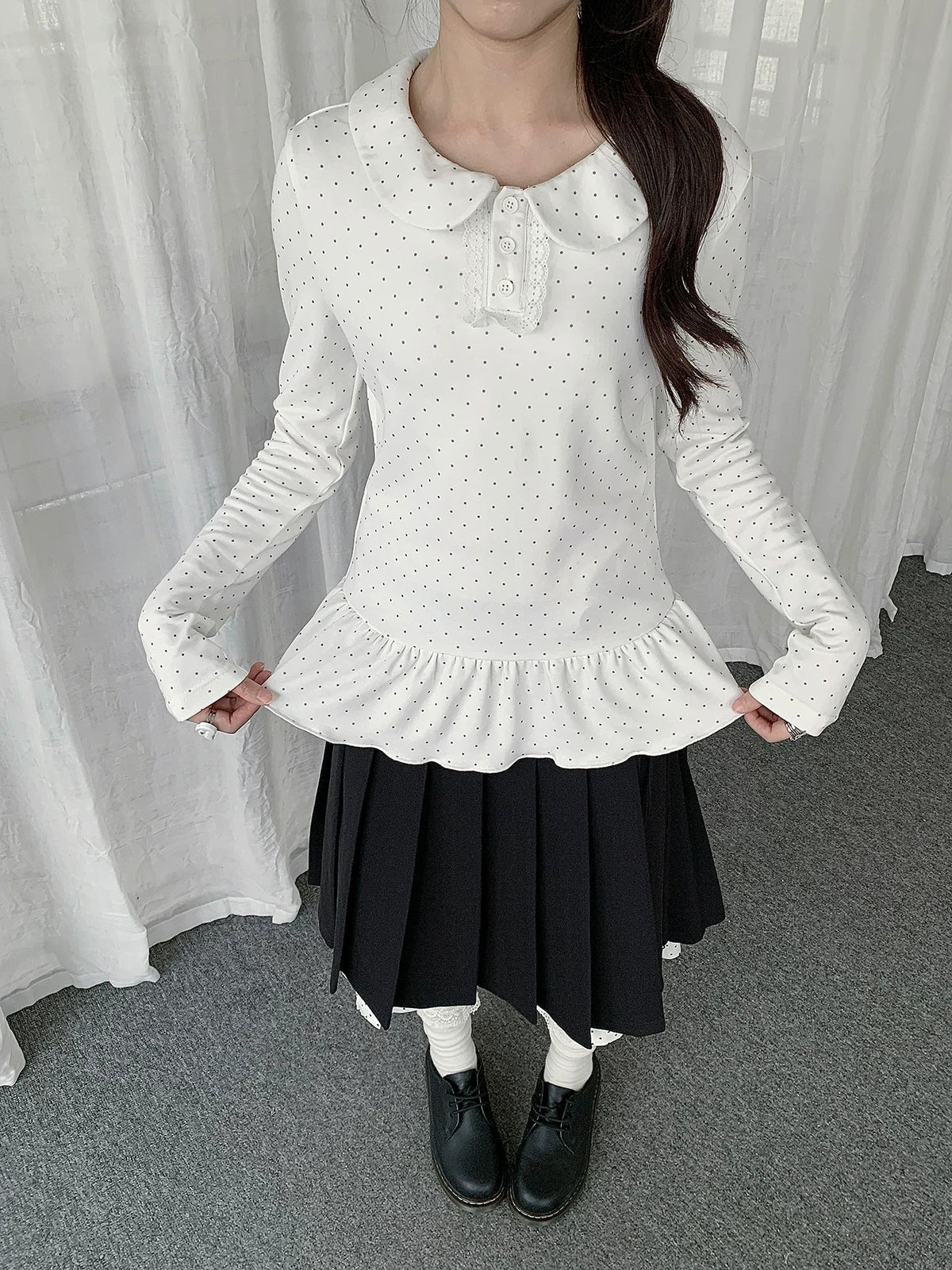 Black Bow Knit Sweater & Polka Dot Peter Pan Collar Two-Piece Set