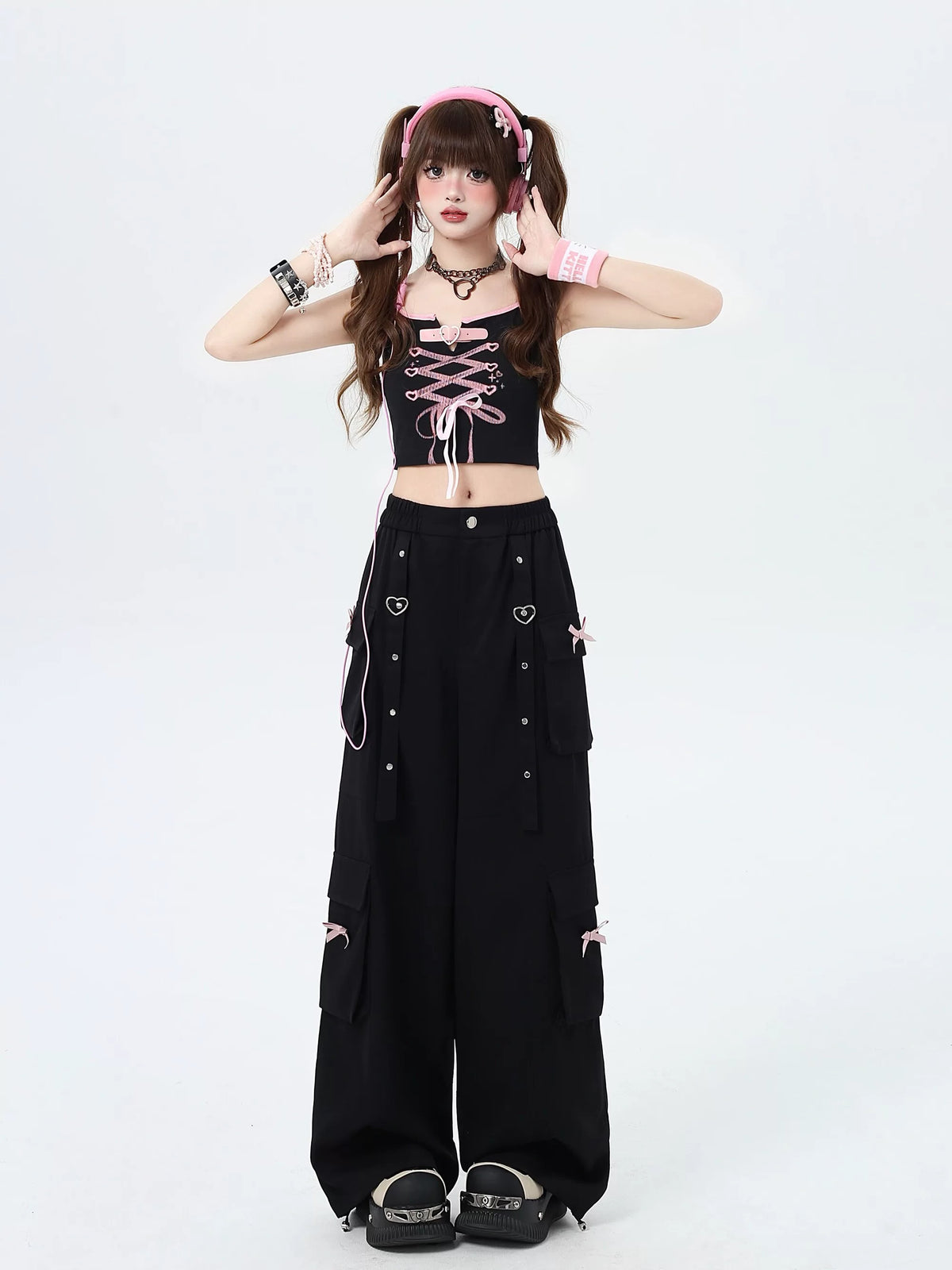 Heart Bow Pocket Wide-Leg Cargo Pants