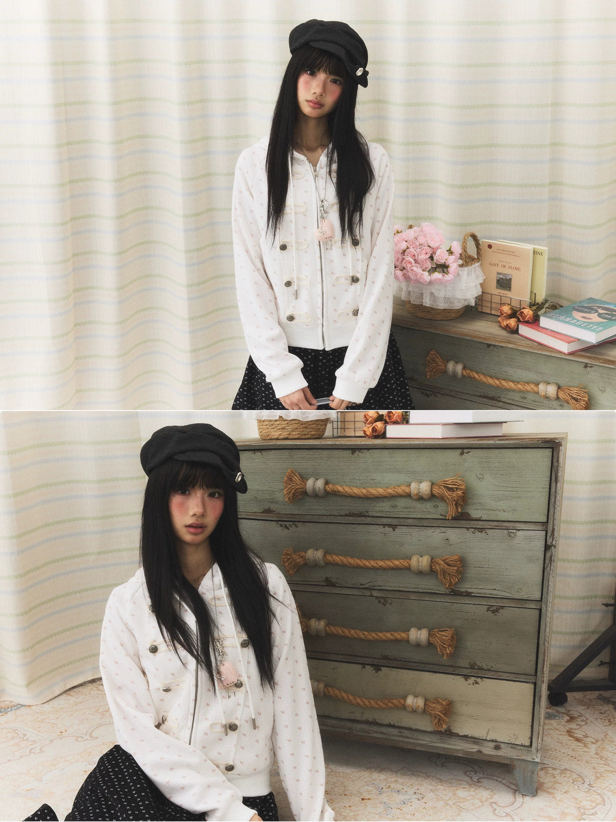 Floral Waffle Toggle Zip-Up Hoodie