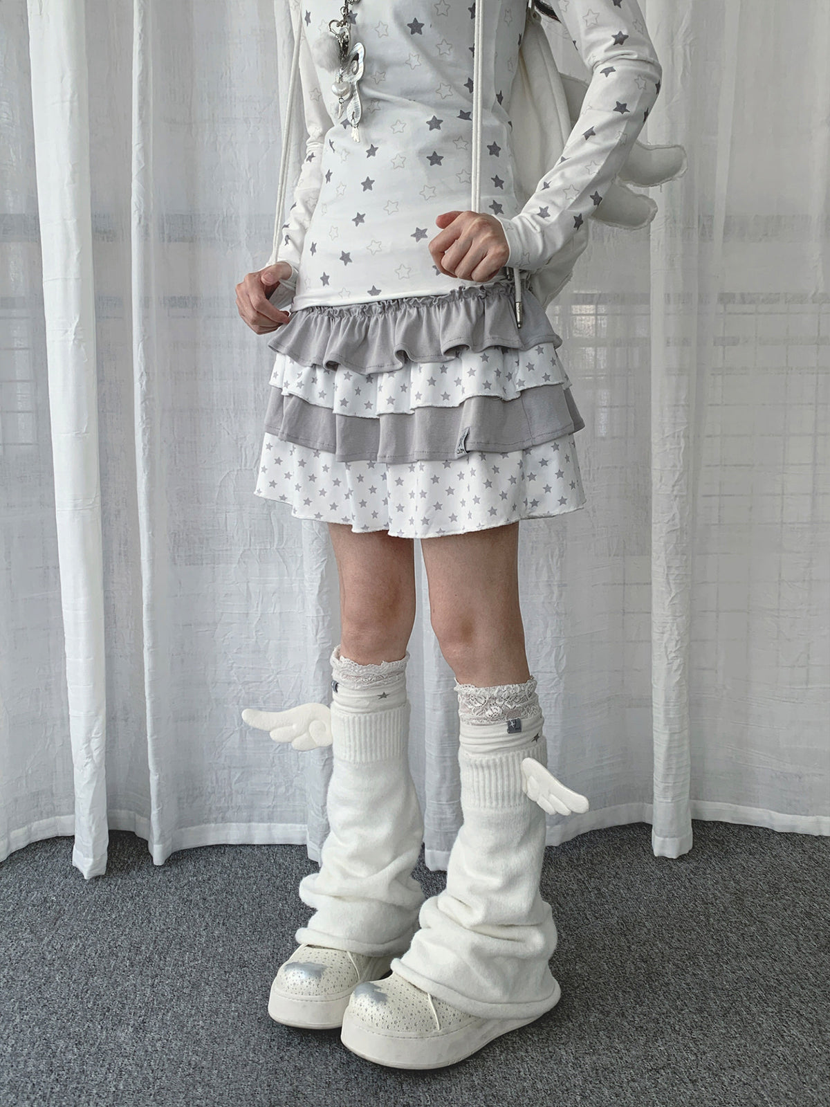 Light Gray Star Tiered Ruffle Mini Skirt