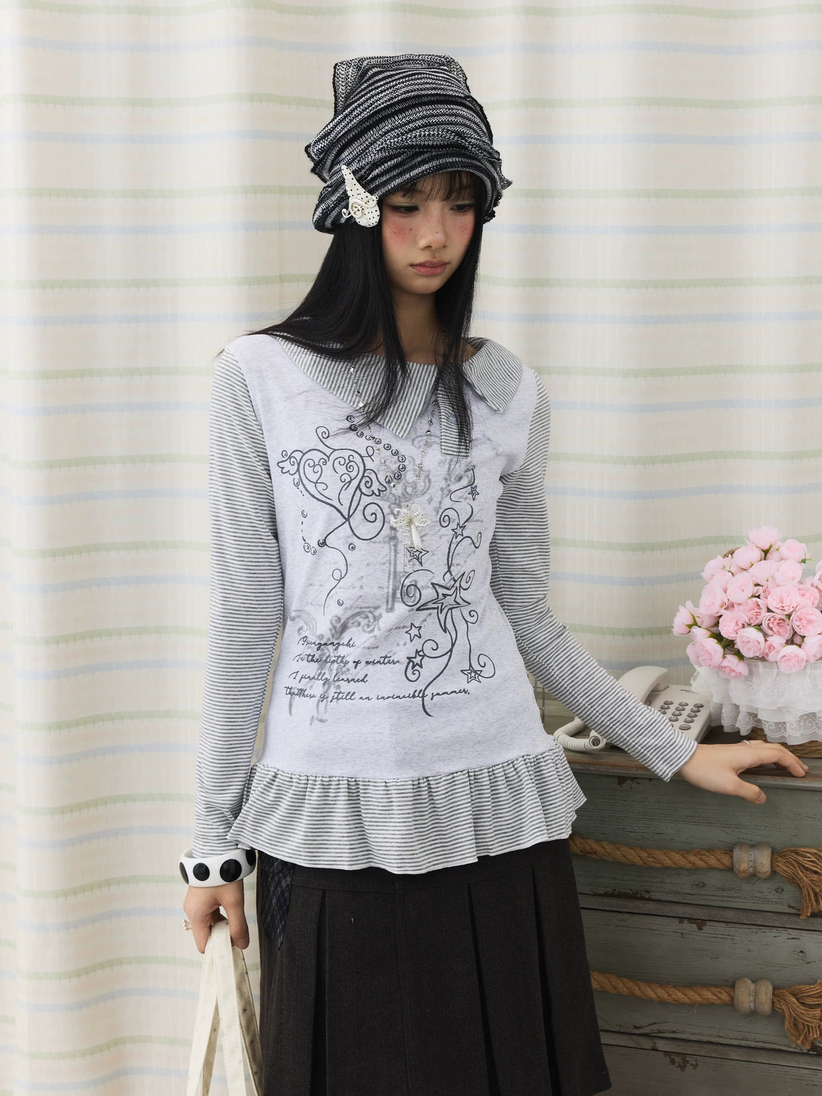 Graphic Stripe Faux-Layer Ruffle-Hem Long Sleeve Top