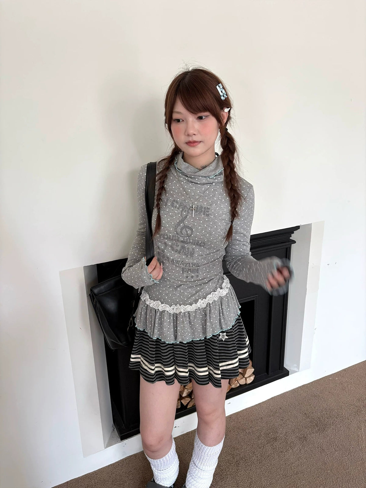 Polka Dot Lace-Trim Mock-Neck Long Sleeve Top