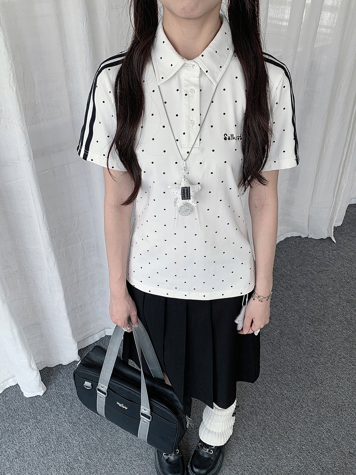 Polka Dot Stripe-Trim Fitted Polo Top