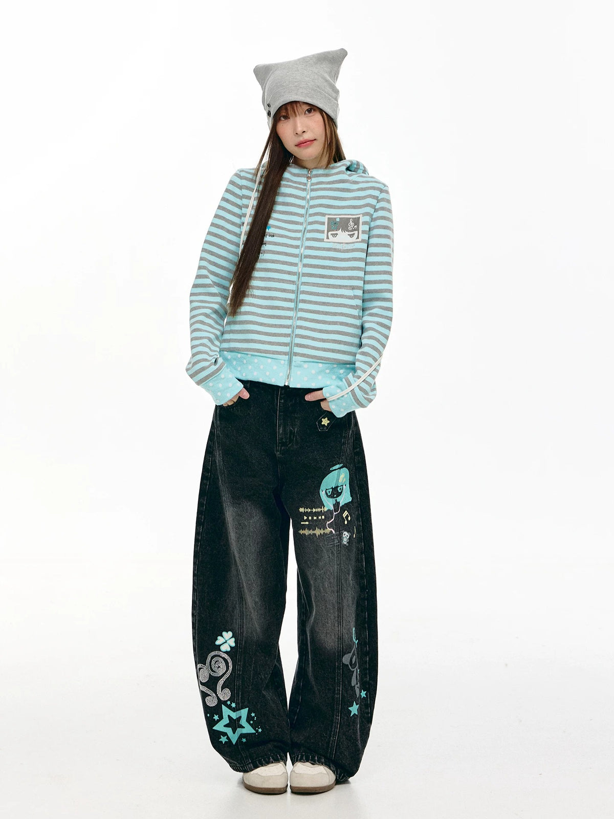 Washed Black Cartoon Music Note Barrel-Leg Jeans