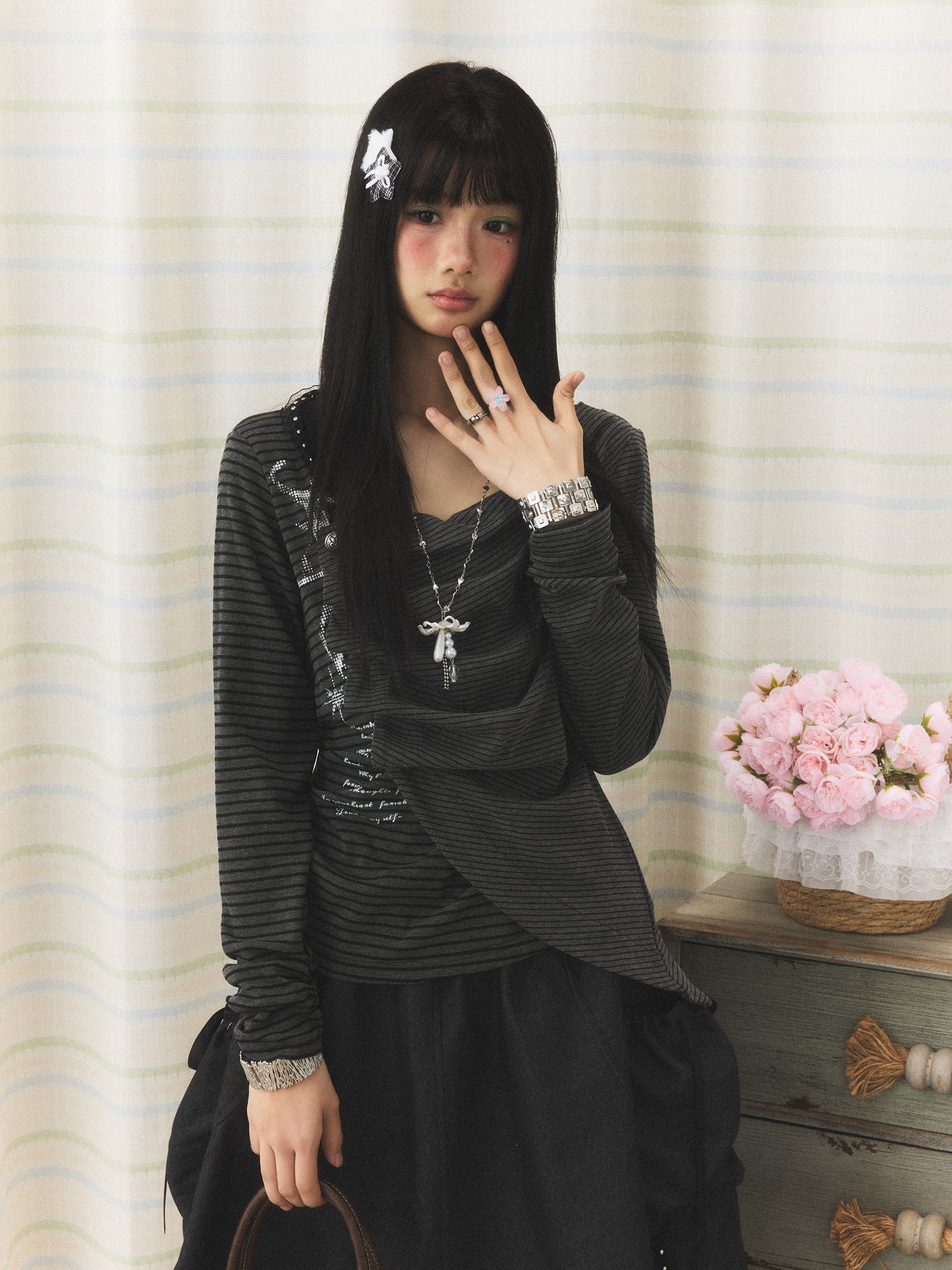 Charcoal Stripe Studded Draped-Neck Long-Sleeve Top