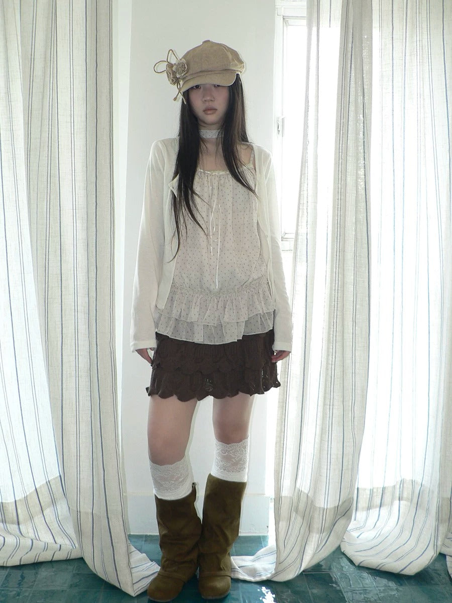 Polka Dot Ruffle Camisole & Cardigan Set with Scarf