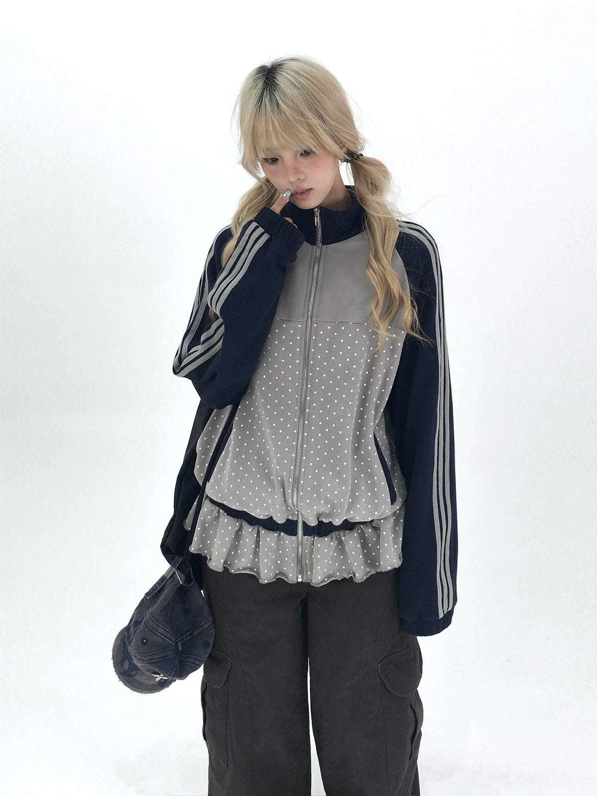 Gray Polka Dot Triple-Stripe Ruffle Zip Jacket