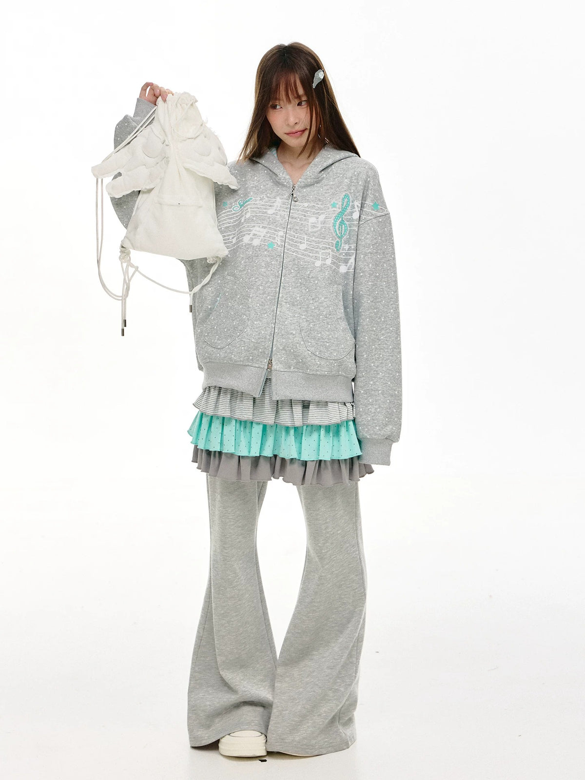 Gray Melody Polka Dot Graphic Zip Hoodie