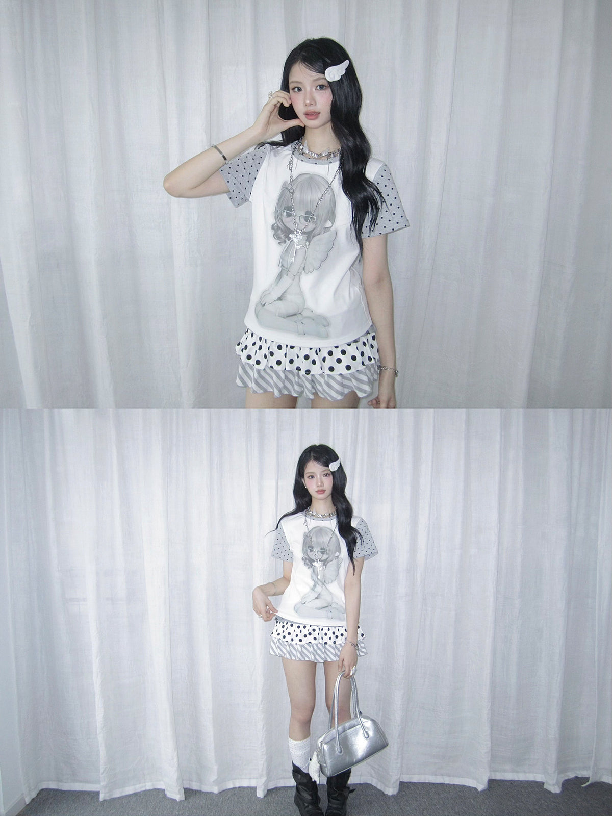 Angel Girl Contrast Sleeve Graphic Tee