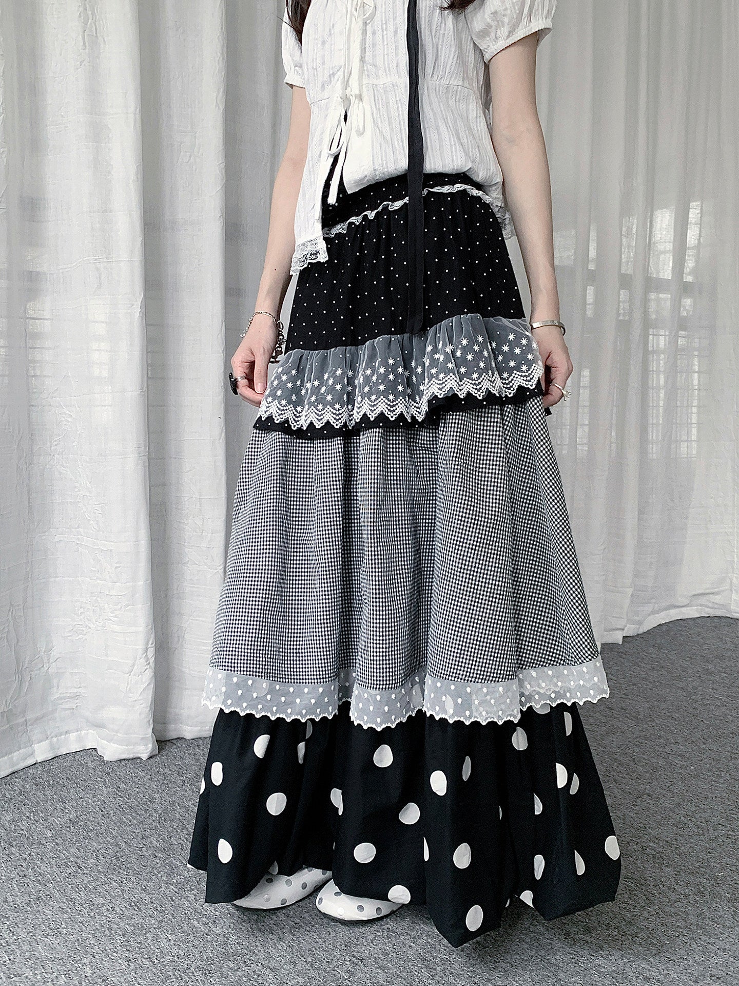Polka Dot Lace Plaid Tiered Maxi Skirt