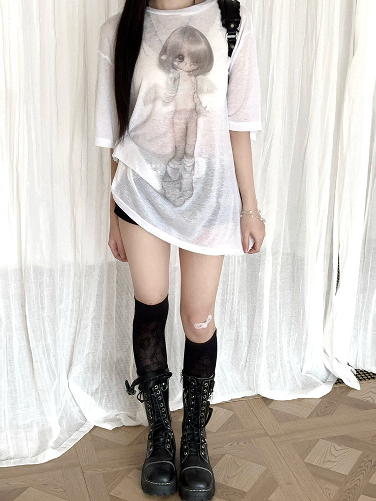 Faded Angel Girl Sheer Oversized Tee