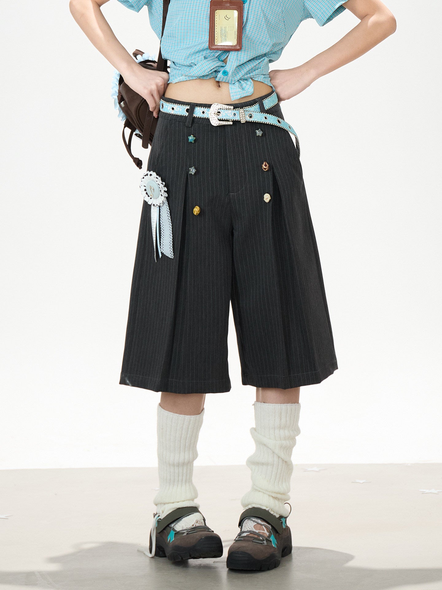 Dark Gray Pinstripe Wide-Leg Shorts