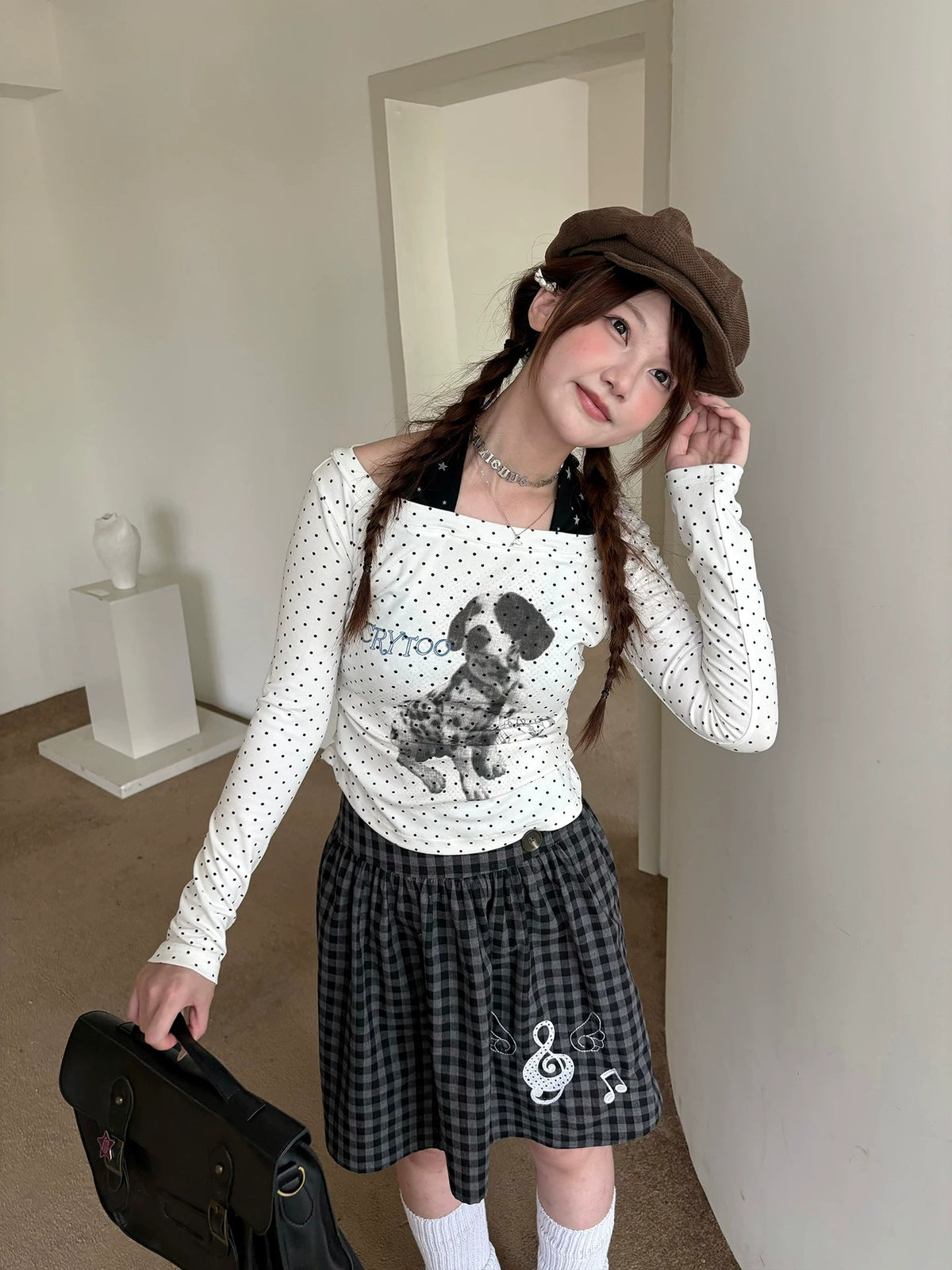 White Polka Dot Puppy Off-Shoulder Long Sleeve Top